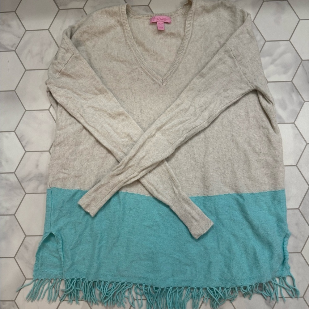 Lilly Pulitzer Cashmere Cream and Blue V-Neck Sweater